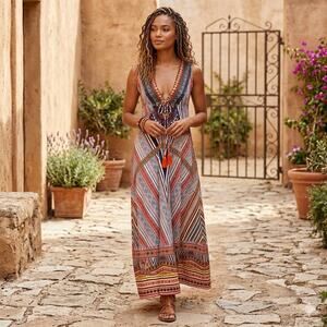 OShopLive Geometric Print Boho Maxi Dress S V-Neck Tassel Tie Tribal Sleeveless